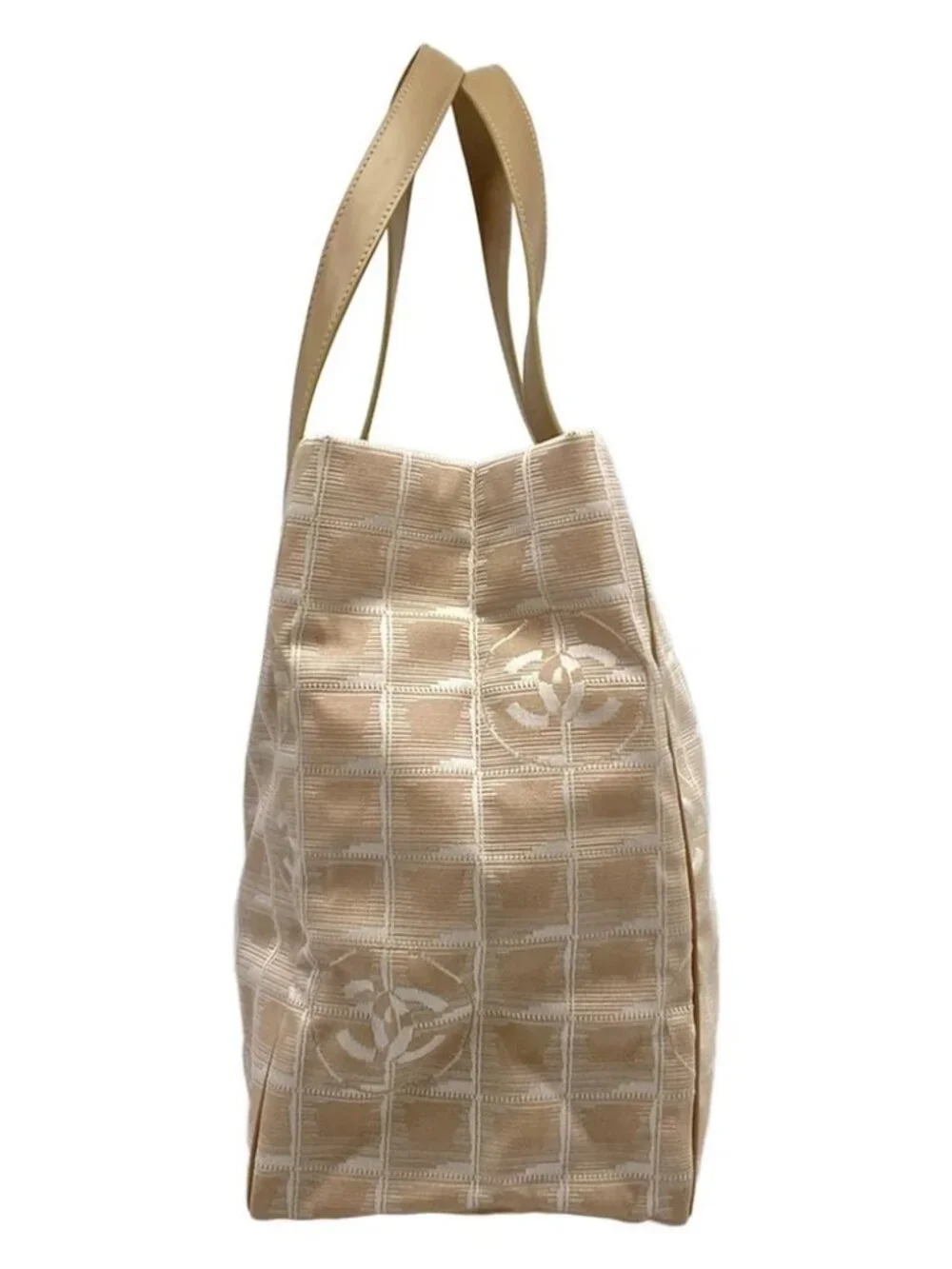 CHANEL New Travel Line Tote MM Beige White Nylon Jacquard Leather Tote Bag